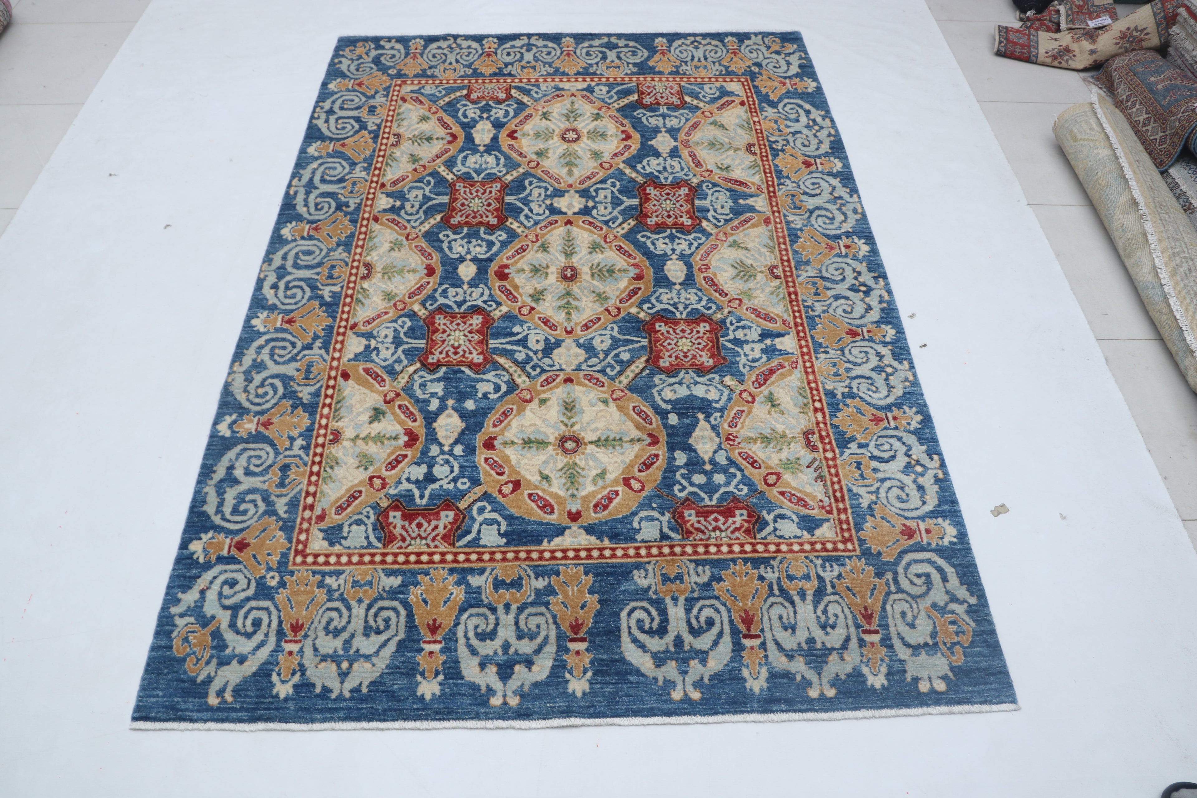 6x9 Blue Chobi Area Rug | Handmade Wool & Cotton Floral Rug | Luxury Chobi Rug