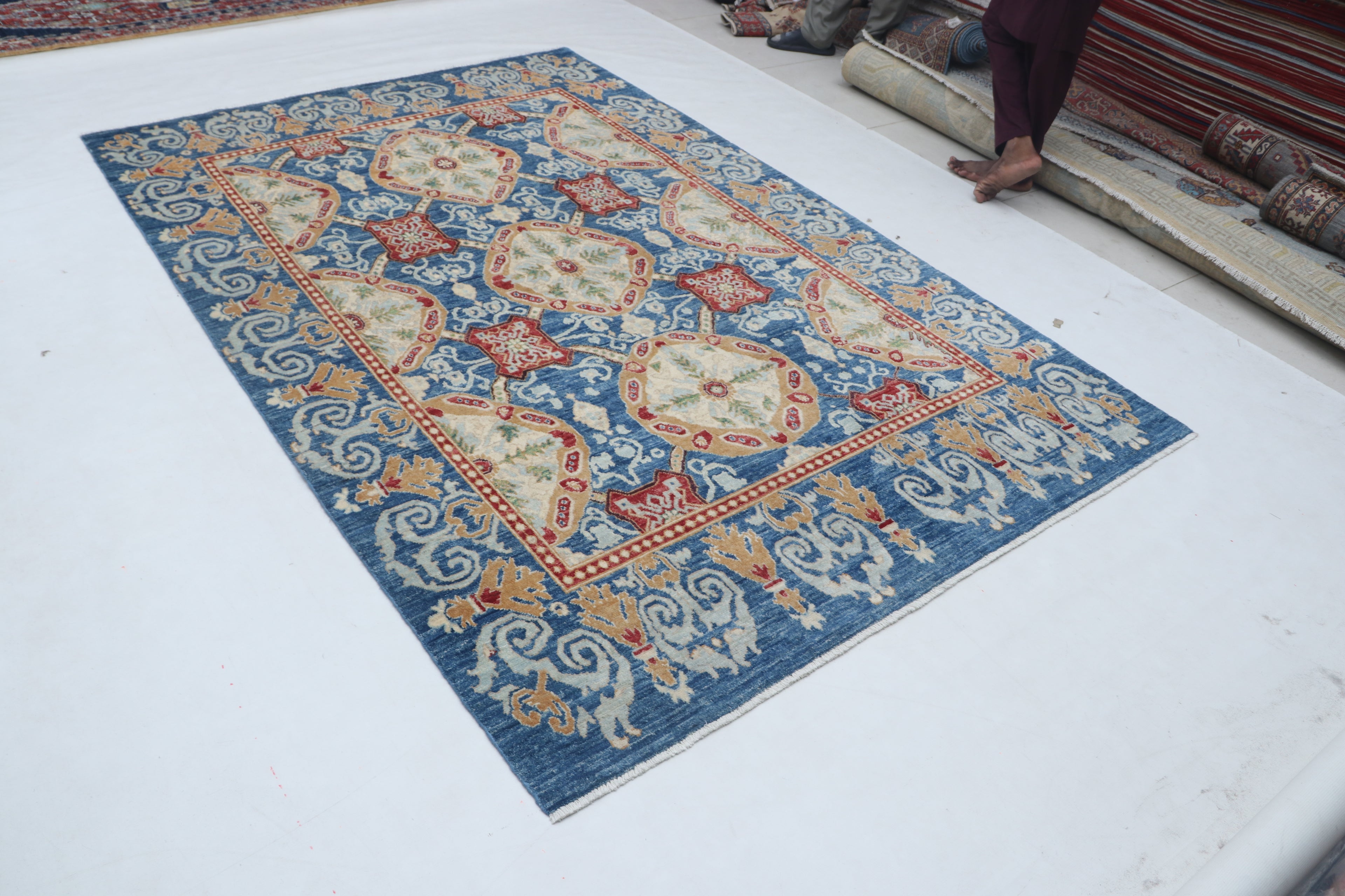 6x9 Blue Chobi Area Rug | Handmade Wool & Cotton Floral Rug | Luxury Chobi Rug