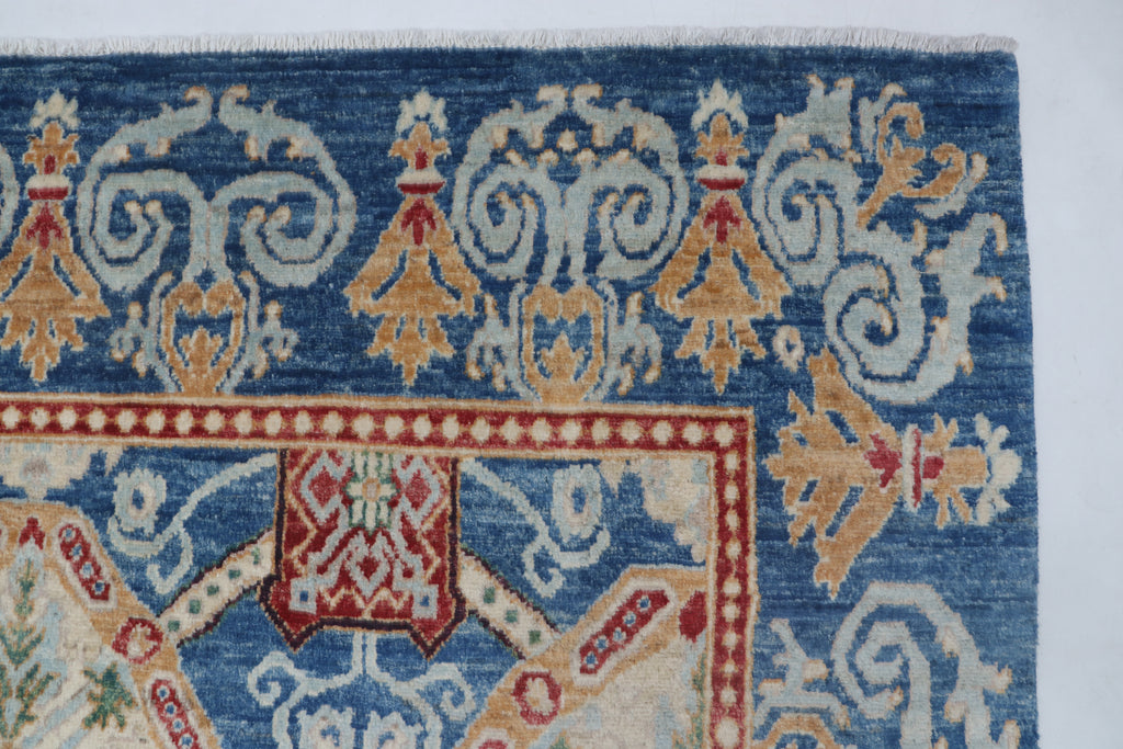 6x9 Blue Chobi Area Rug | Handmade Wool & Cotton Floral Rug | Luxury Chobi Rug