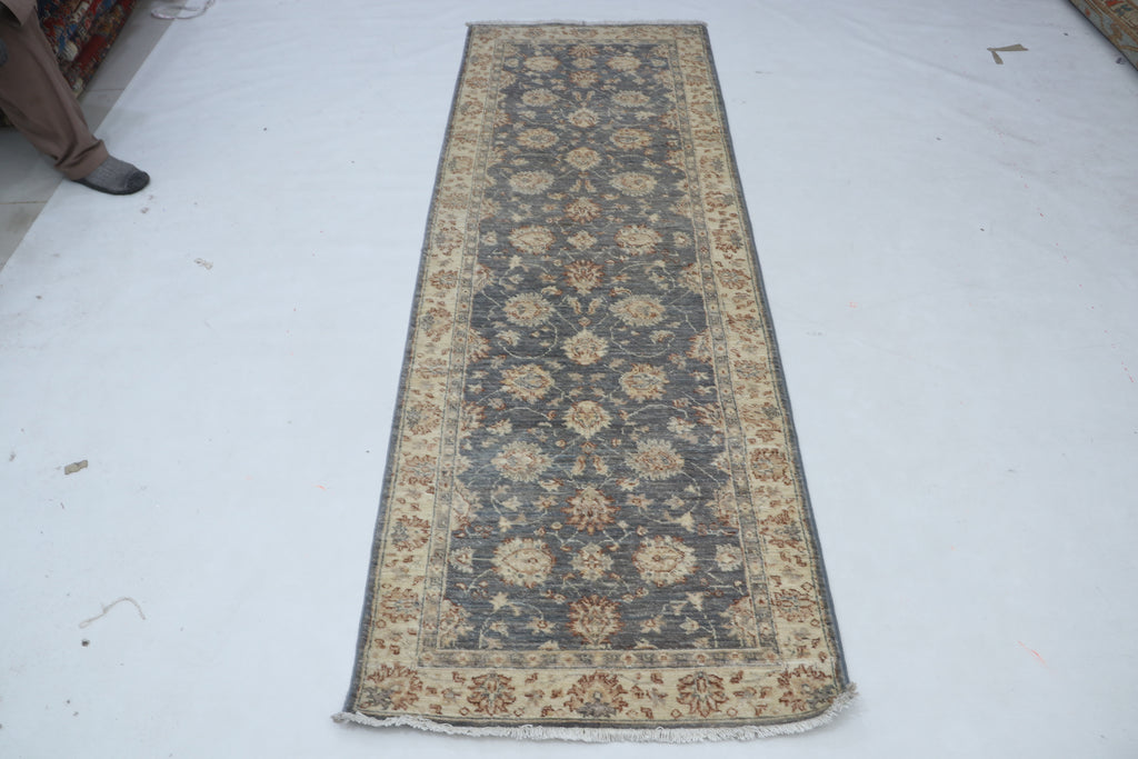 3x8 Beige & Gray Chobi Runner Rug | Handmade Wool & Cotton Floral Rug | Luxury Chobi Rug
