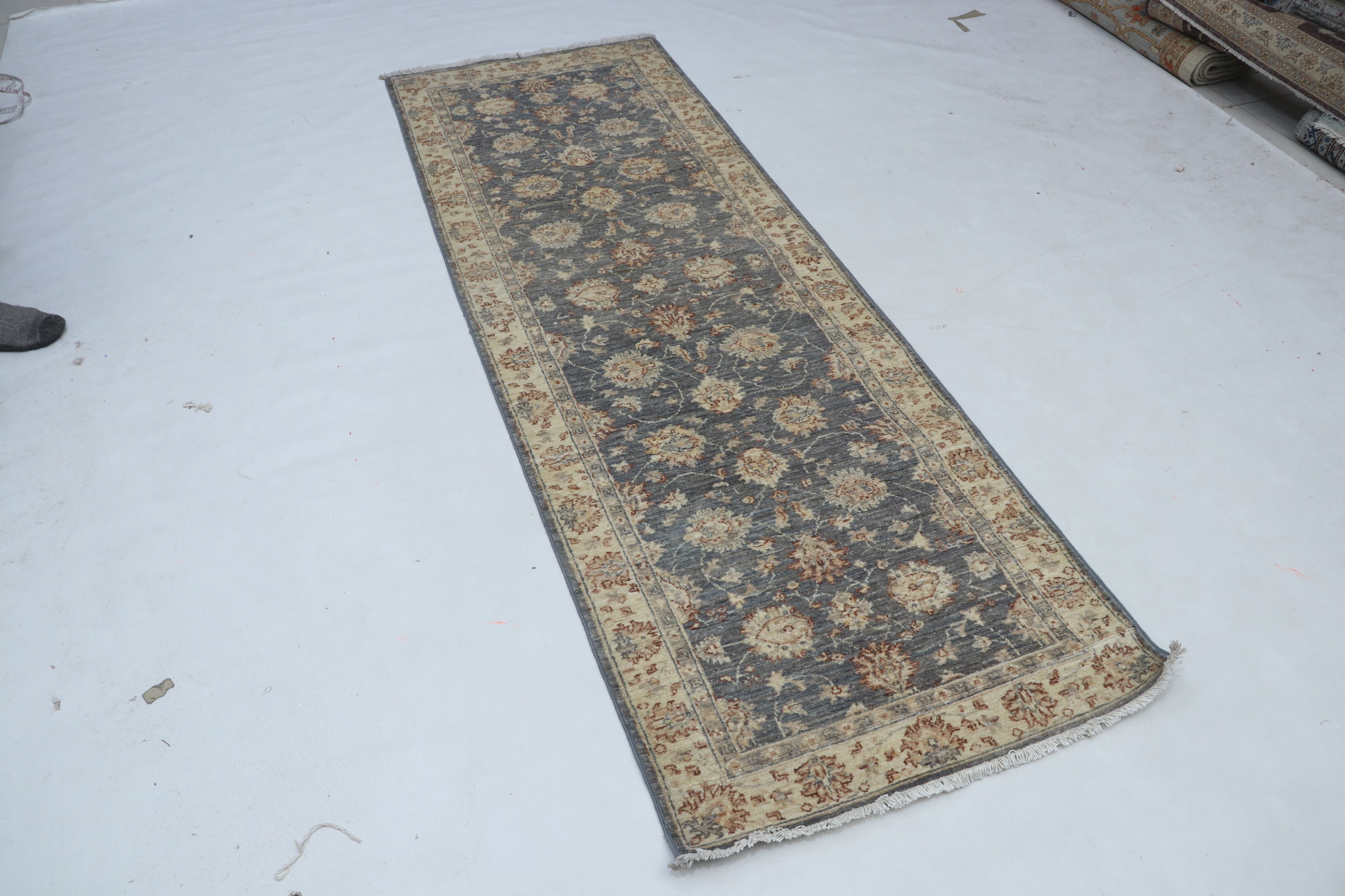 3x8 Beige & Gray Chobi Runner Rug | Handmade Wool & Cotton Floral Rug | Luxury Chobi Rug