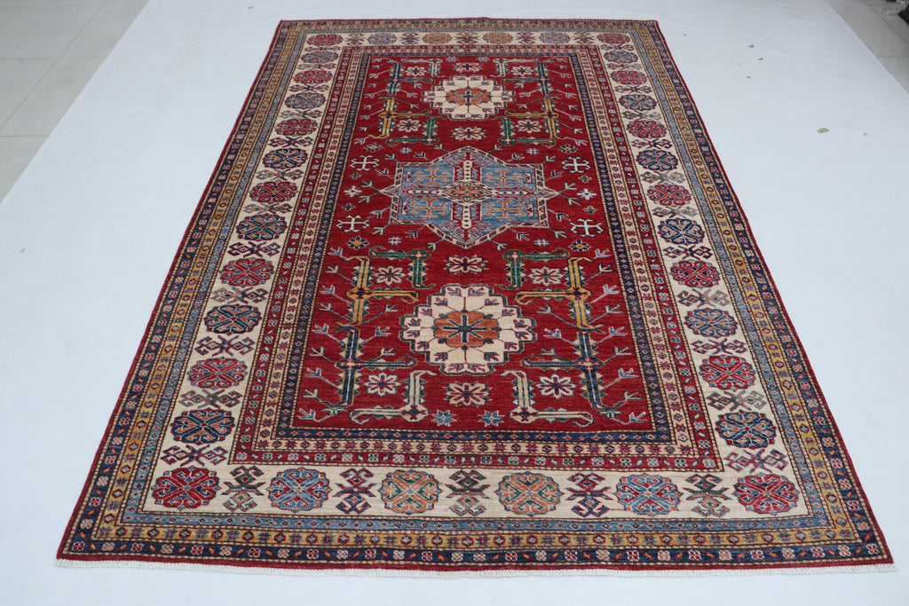 5x8 Beige & Red Super Kazak Area Rug | Handmade Wool & Cotton Geometric Rug