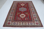 5x8 Beige & Red Super Kazak Area Rug | Handmade Wool & Cotton Geometric Rug