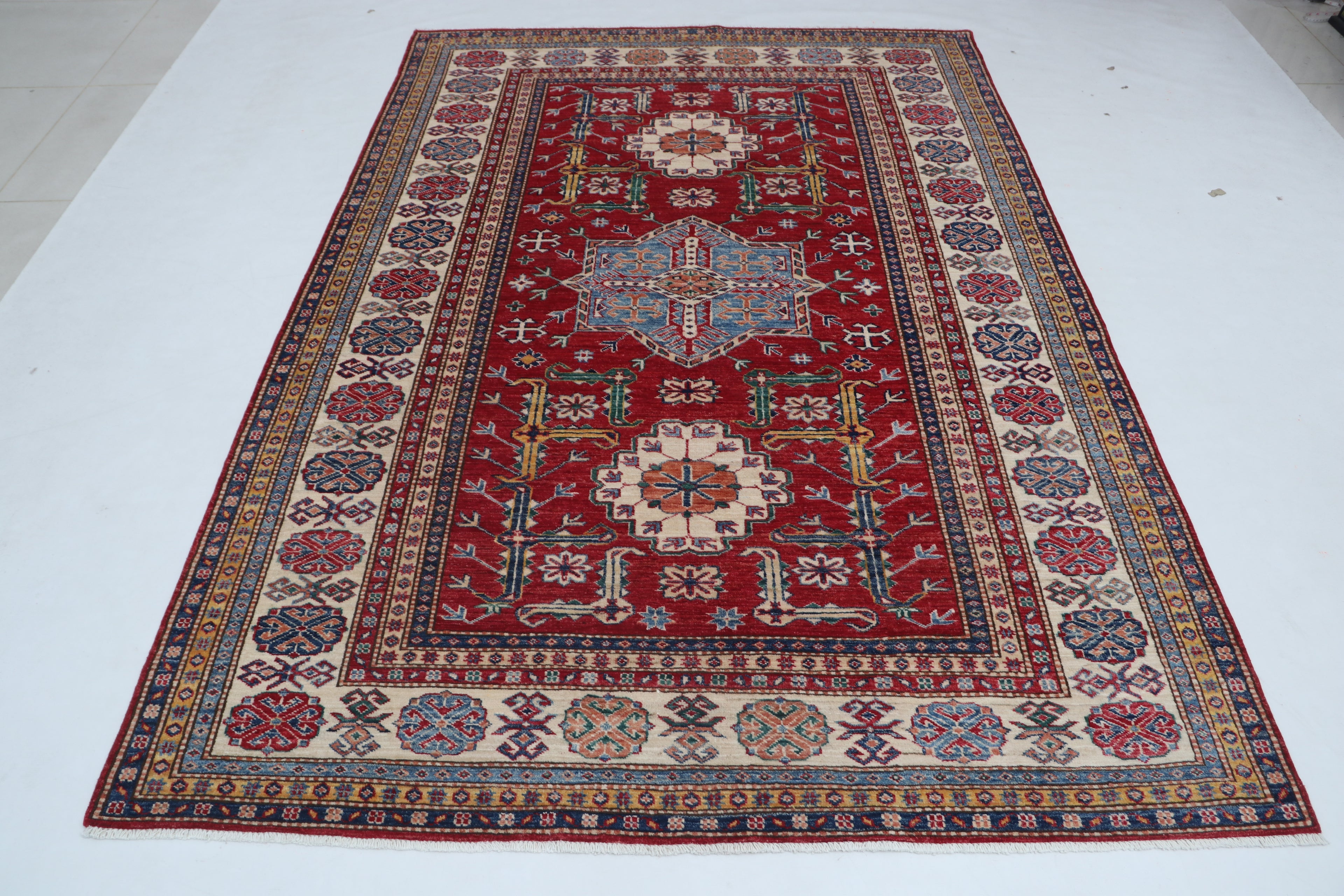 5x8 Beige & Red Super Kazak Area Rug | Handmade Wool & Cotton Geometric Rug