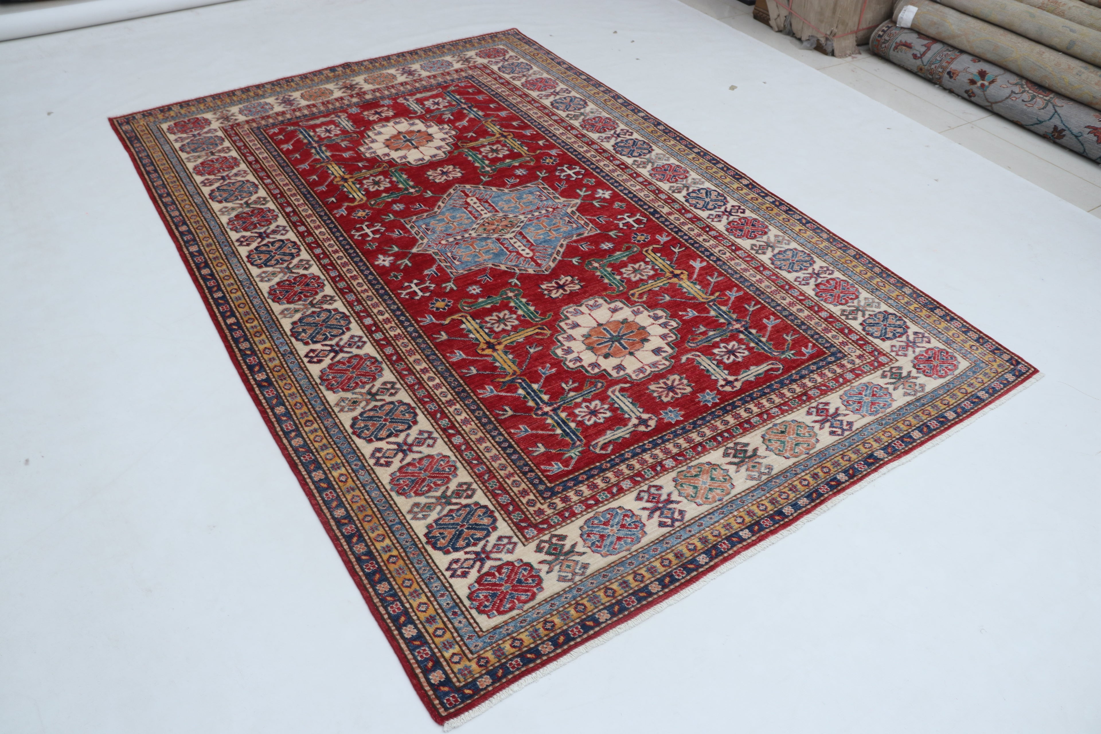 5x8 Beige & Red Super Kazak Area Rug | Handmade Wool & Cotton Geometric Rug