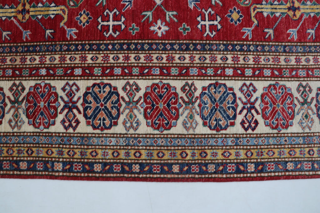 5x8 Beige & Red Super Kazak Area Rug | Handmade Wool & Cotton Geometric Rug