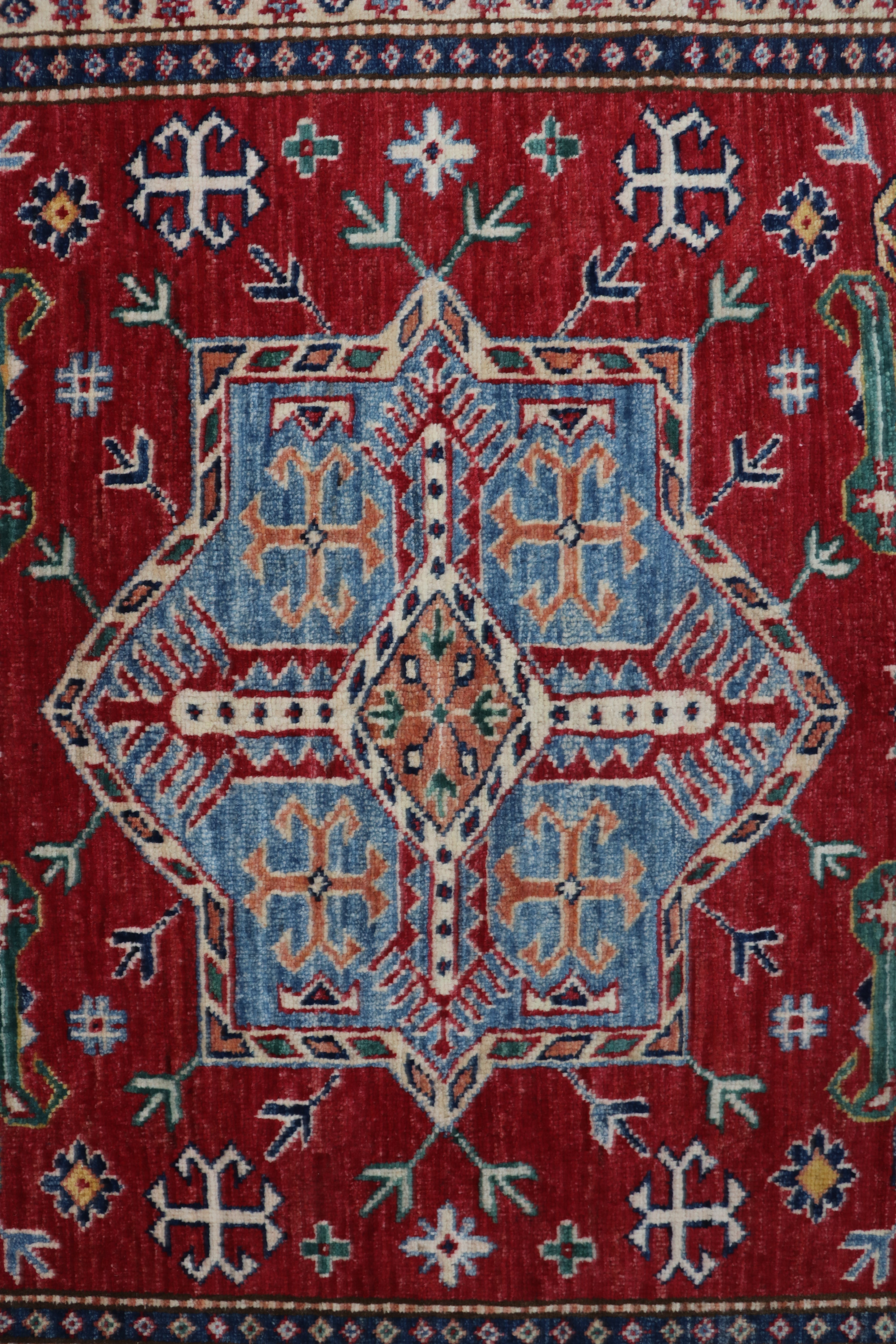 5x8 Beige & Red Super Kazak Area Rug | Handmade Wool & Cotton Geometric Rug