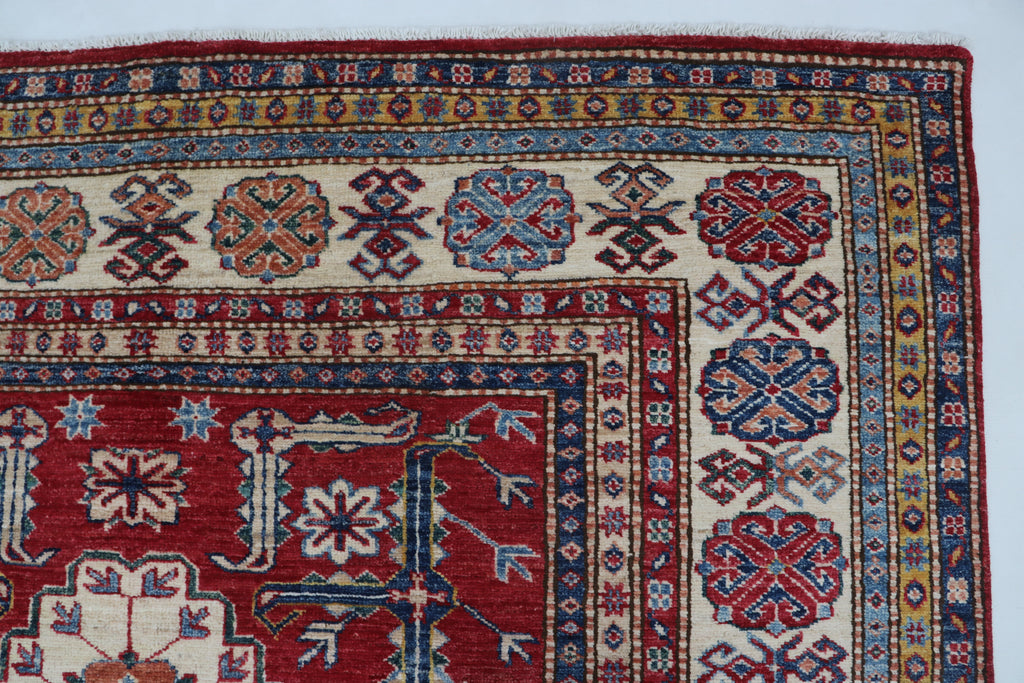 5x8 Beige & Red Super Kazak Area Rug | Handmade Wool & Cotton Geometric Rug