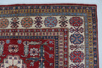 5x8 Beige & Red Super Kazak Area Rug | Handmade Wool & Cotton Geometric Rug