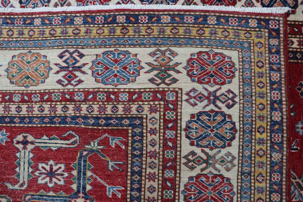 5x8 Beige & Red Super Kazak Area Rug | Handmade Wool & Cotton Geometric Rug
