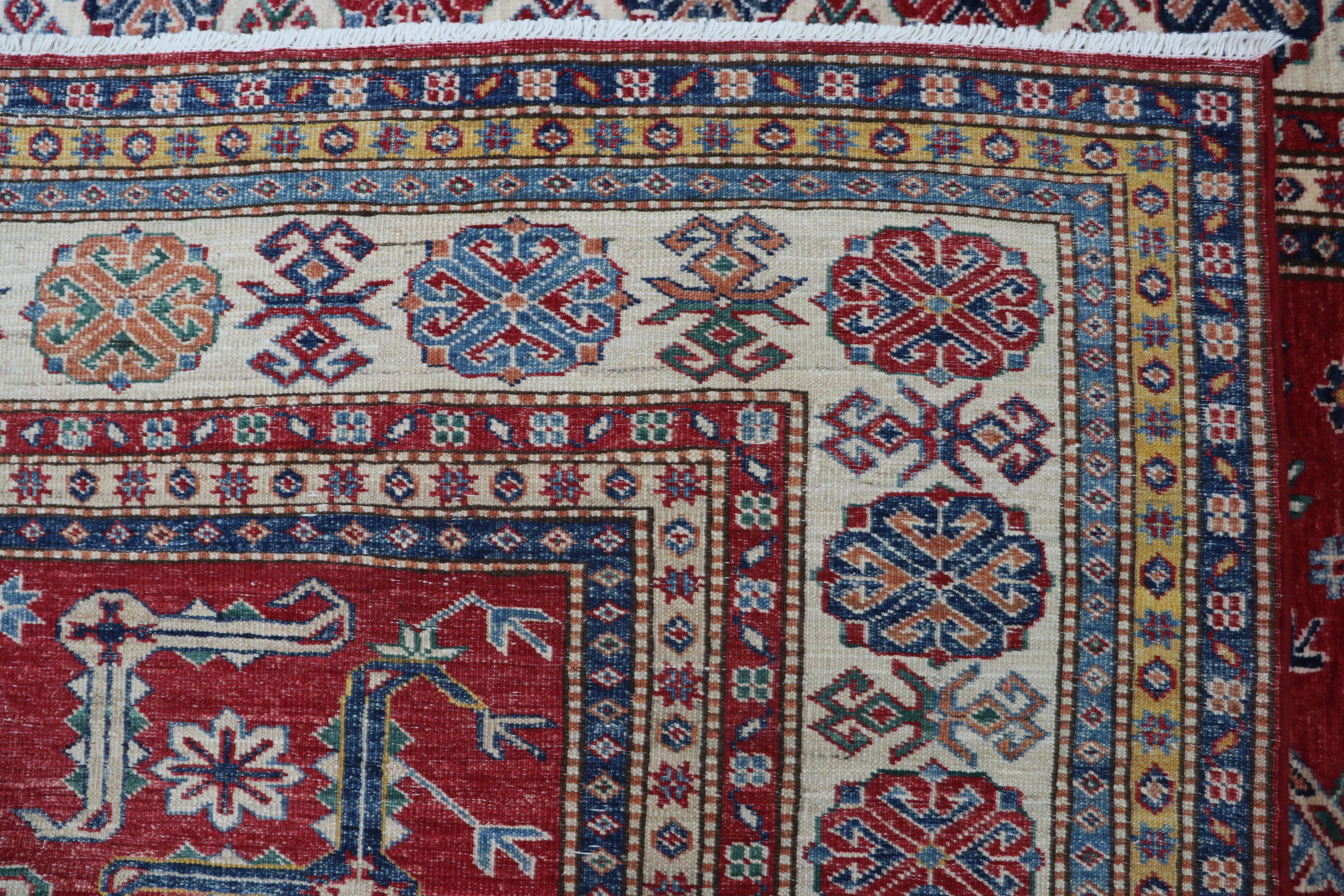 5x8 Beige & Red Super Kazak Area Rug | Handmade Wool & Cotton Geometric Rug
