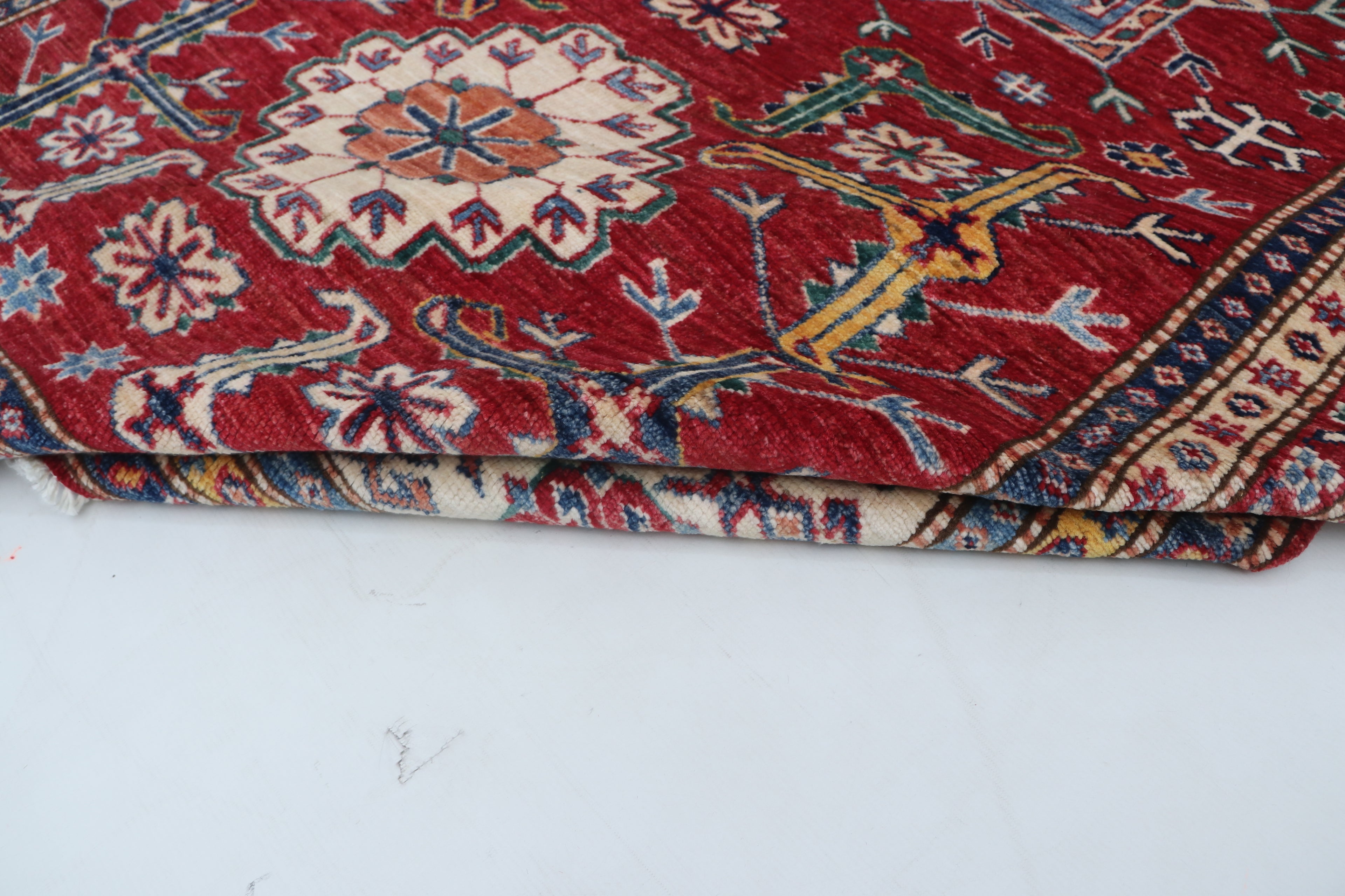 5x8 Beige & Red Super Kazak Area Rug | Handmade Wool & Cotton Geometric Rug