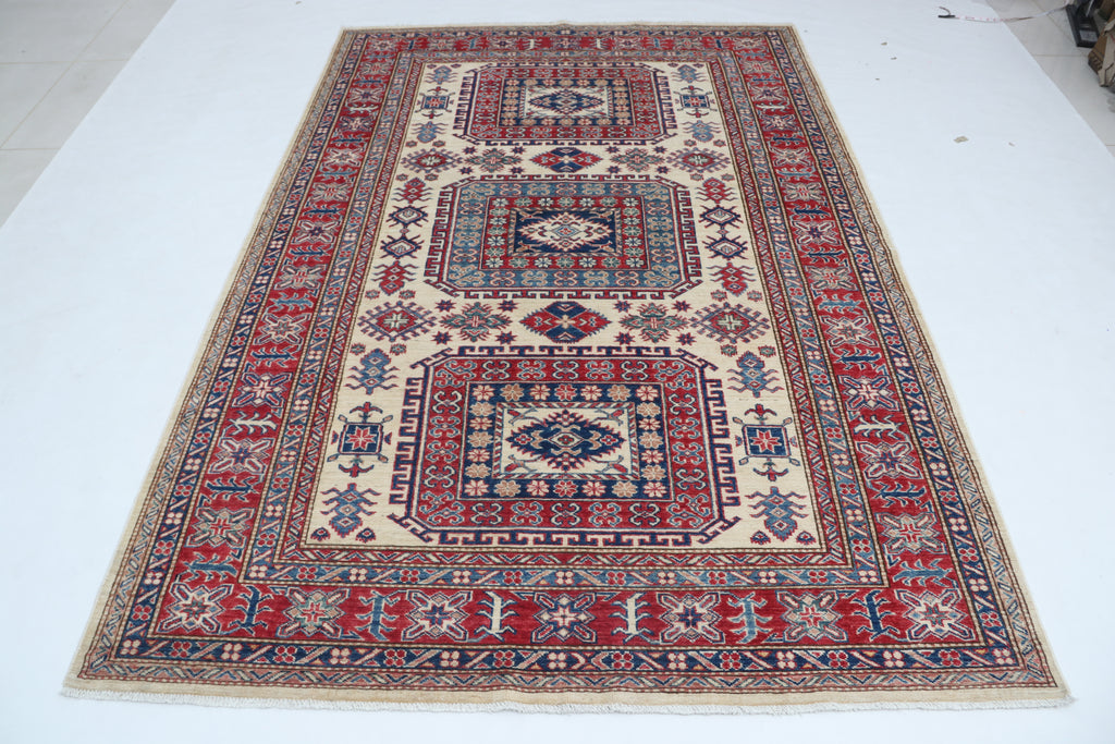5x8 Beige & Red Super Kazak Geometric Handmade Cotton & Wool Rug | Premium Luxury Area Rug