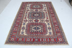 5x8 Beige & Red Super Kazak Geometric Handmade Cotton & Wool Rug | Premium Luxury Area Rug