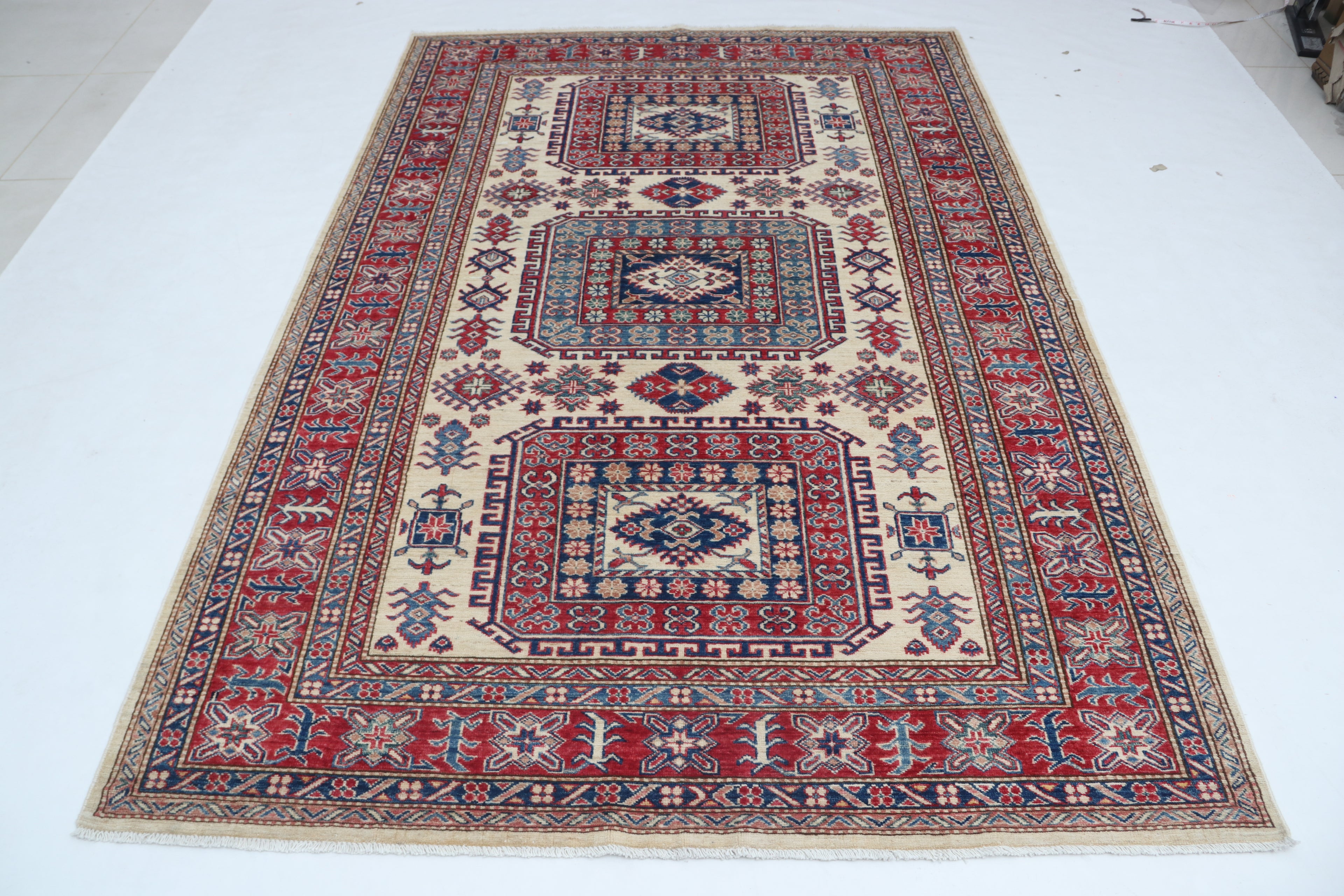 5x8 Beige & Red Super Kazak Geometric Handmade Cotton & Wool Rug | Premium Luxury Area Rug