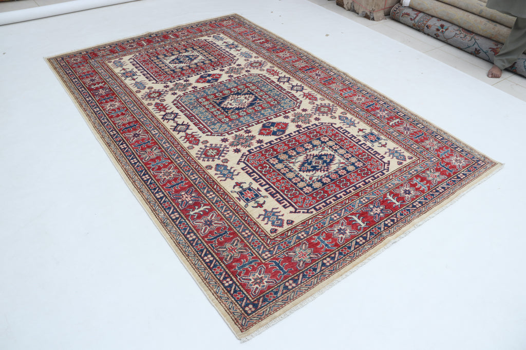 5x8 Beige & Red Super Kazak Geometric Handmade Cotton & Wool Rug | Premium Luxury Area Rug