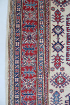 5x8 Beige & Red Super Kazak Geometric Handmade Cotton & Wool Rug | Premium Luxury Area Rug