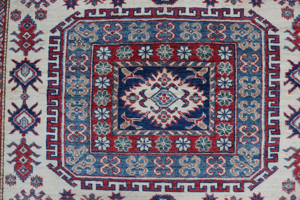 5x8 Beige & Red Super Kazak Geometric Handmade Cotton & Wool Rug | Premium Luxury Area Rug