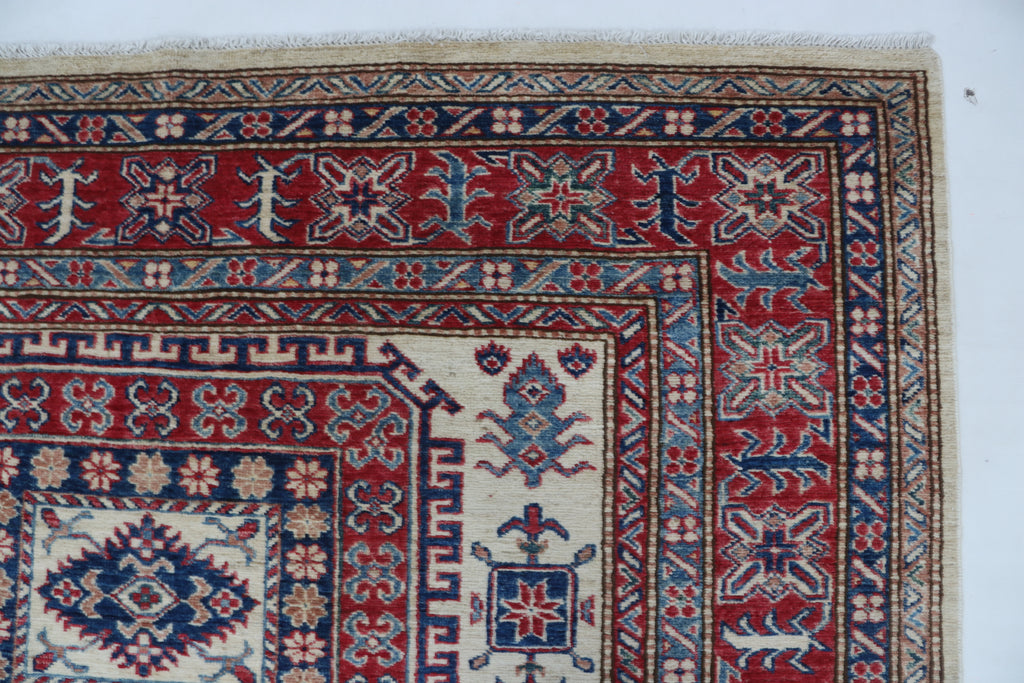5x8 Beige & Red Super Kazak Geometric Handmade Cotton & Wool Rug | Premium Luxury Area Rug