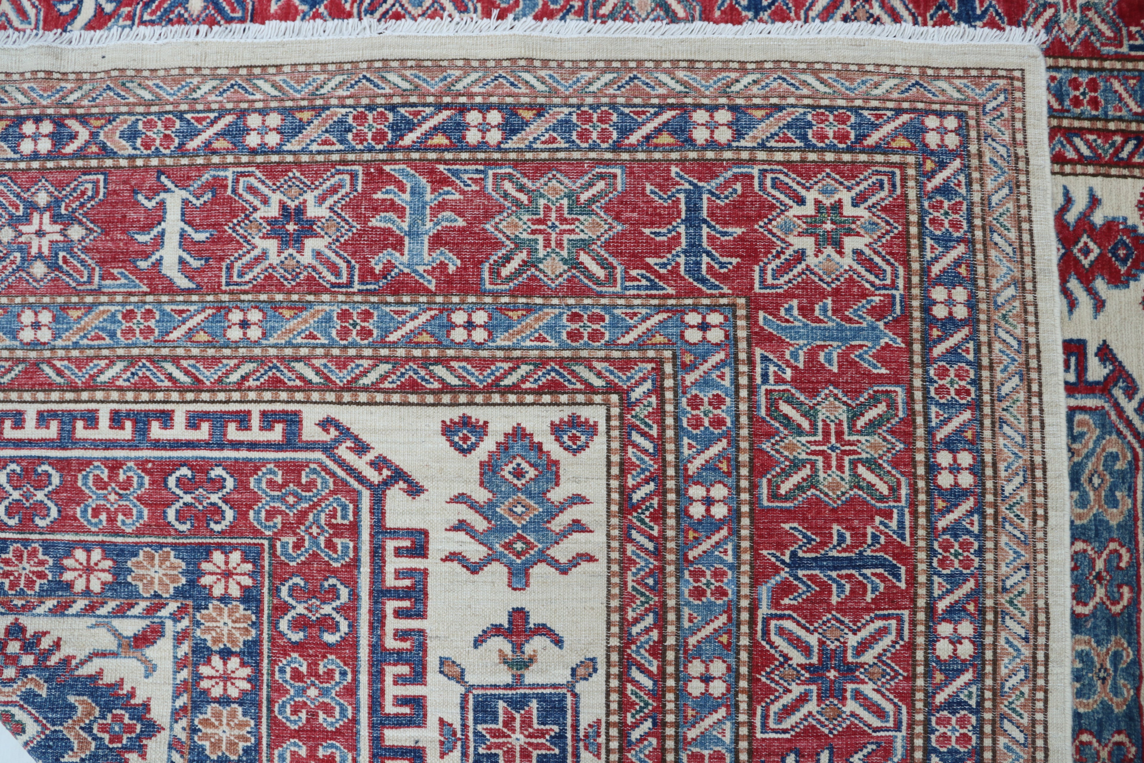 5x8 Beige & Red Super Kazak Geometric Handmade Cotton & Wool Rug | Premium Luxury Area Rug
