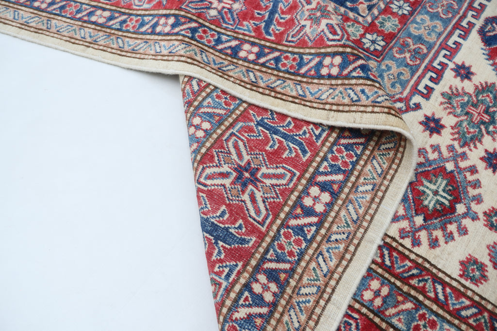 5x8 Beige & Red Super Kazak Geometric Handmade Cotton & Wool Rug | Premium Luxury Area Rug