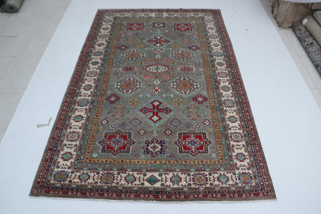 6x10 Beige & Gray Super Kazak Geometric Handmade Cotton & Wool Rug | Premium Luxury Area Rug