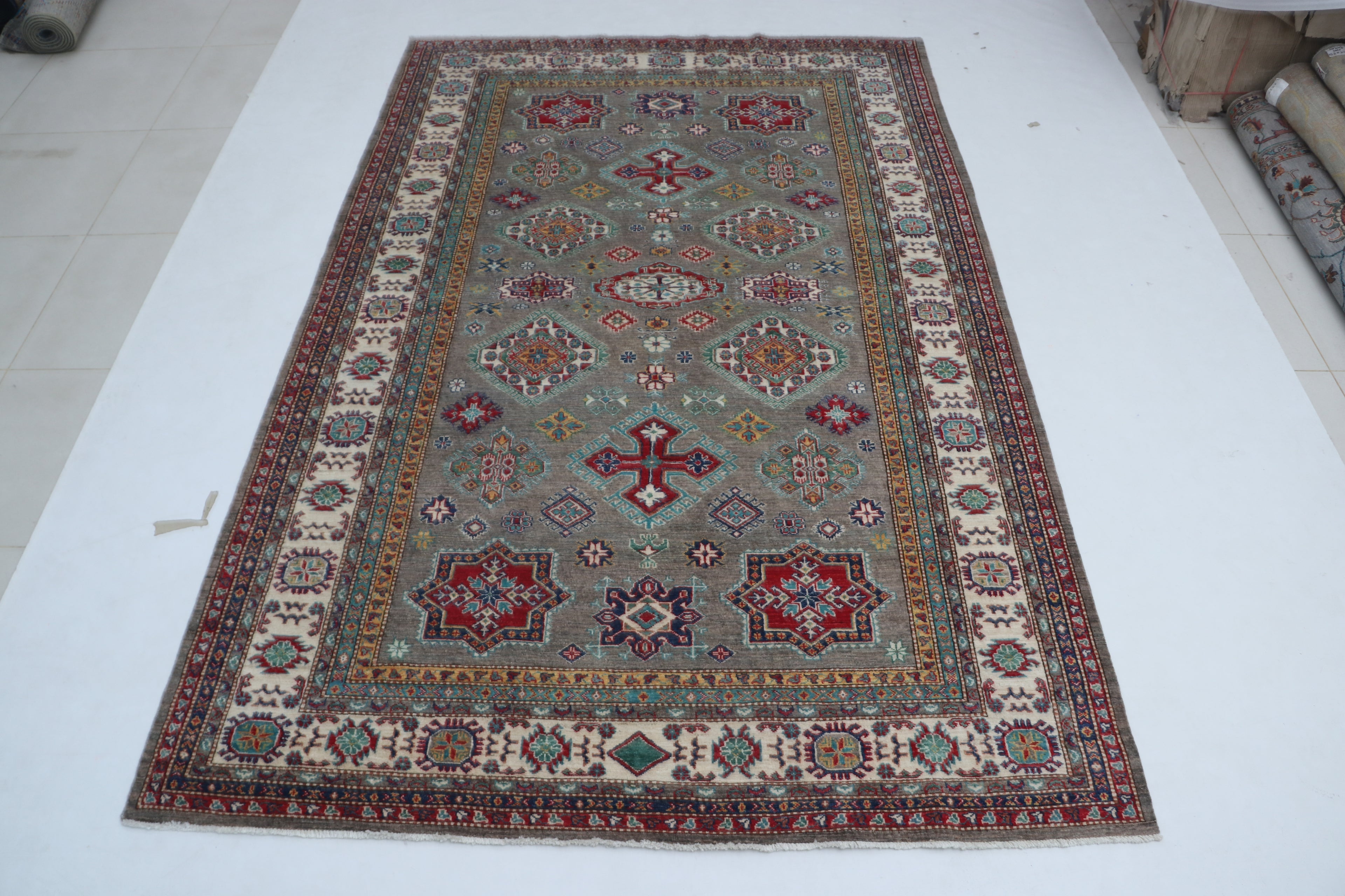 6x10 Beige & Gray Super Kazak Geometric Handmade Cotton & Wool Rug | Premium Luxury Area Rug