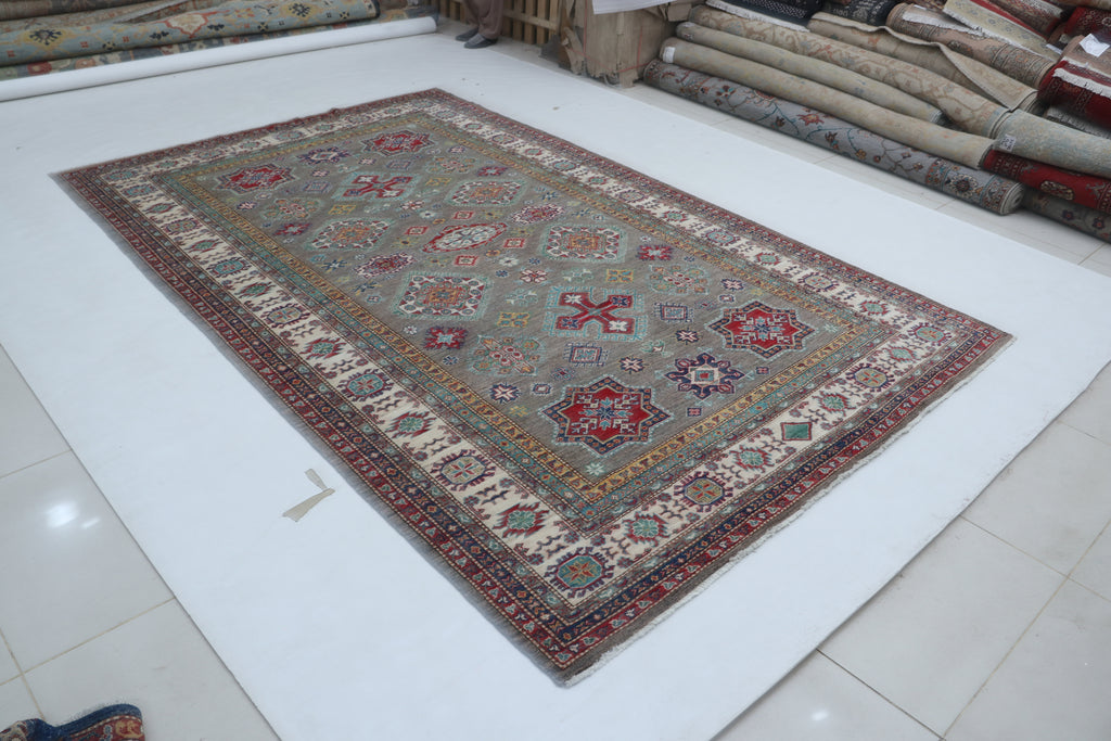 6x10 Beige & Gray Super Kazak Geometric Handmade Cotton & Wool Rug | Premium Luxury Area Rug