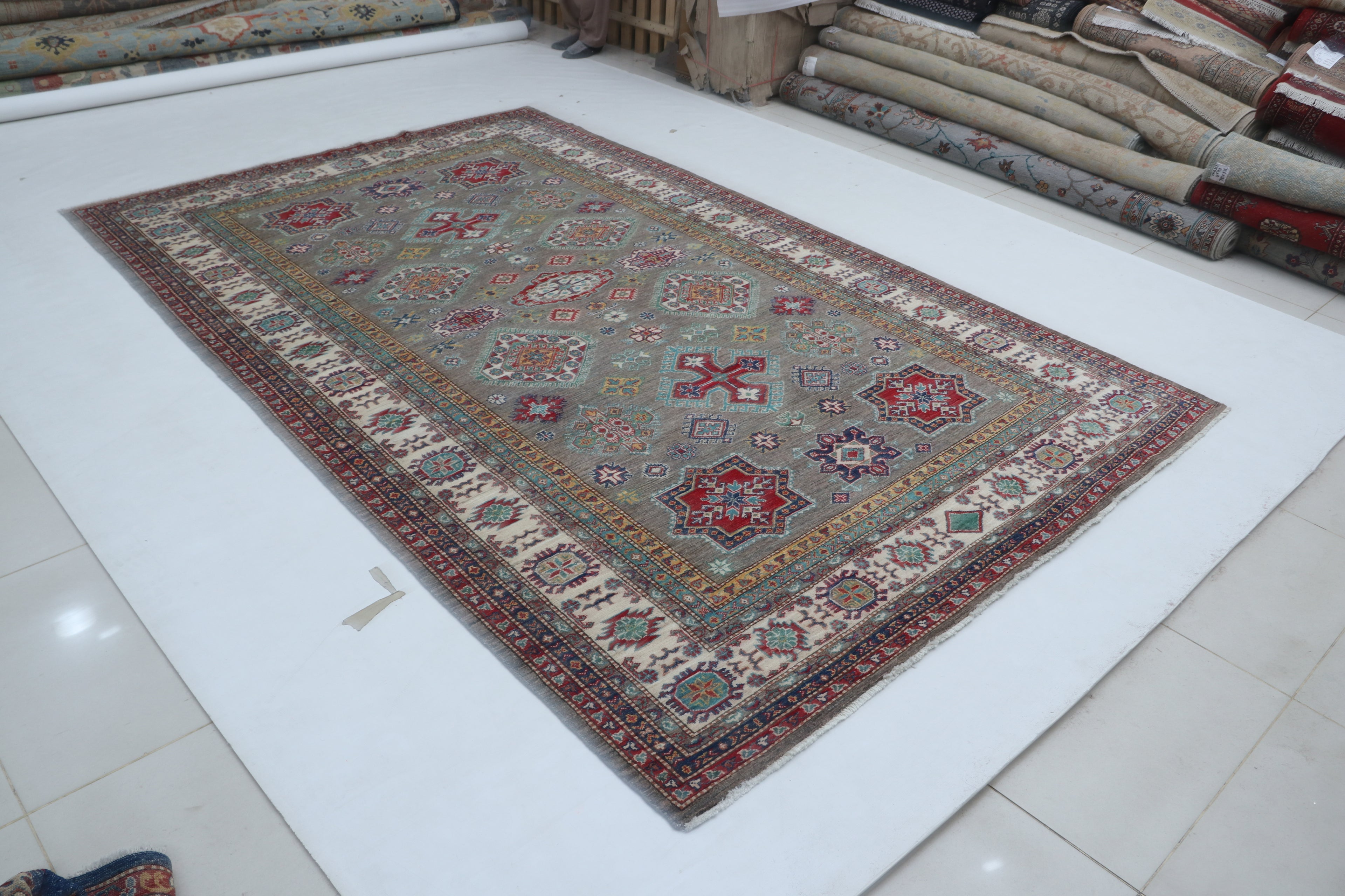 6x10 Beige & Gray Super Kazak Geometric Handmade Cotton & Wool Rug | Premium Luxury Area Rug