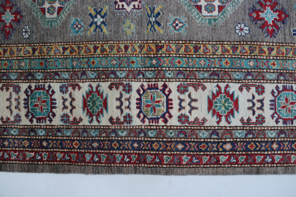 6x10 Beige & Gray Super Kazak Geometric Handmade Cotton & Wool Rug | Premium Luxury Area Rug