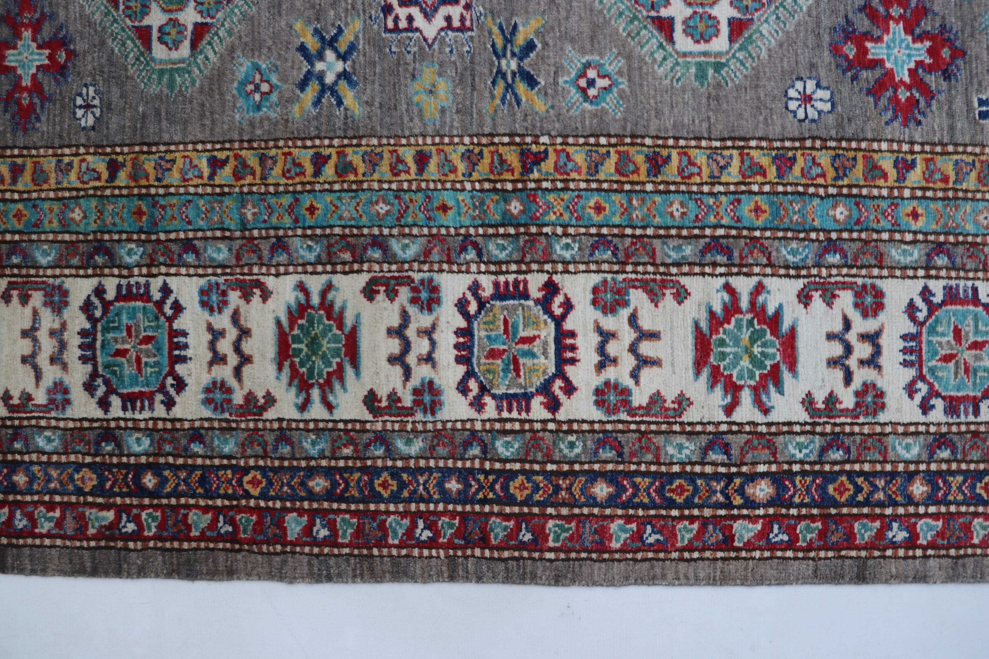 6x10 Beige & Gray Super Kazak Geometric Handmade Cotton & Wool Rug | Premium Luxury Area Rug