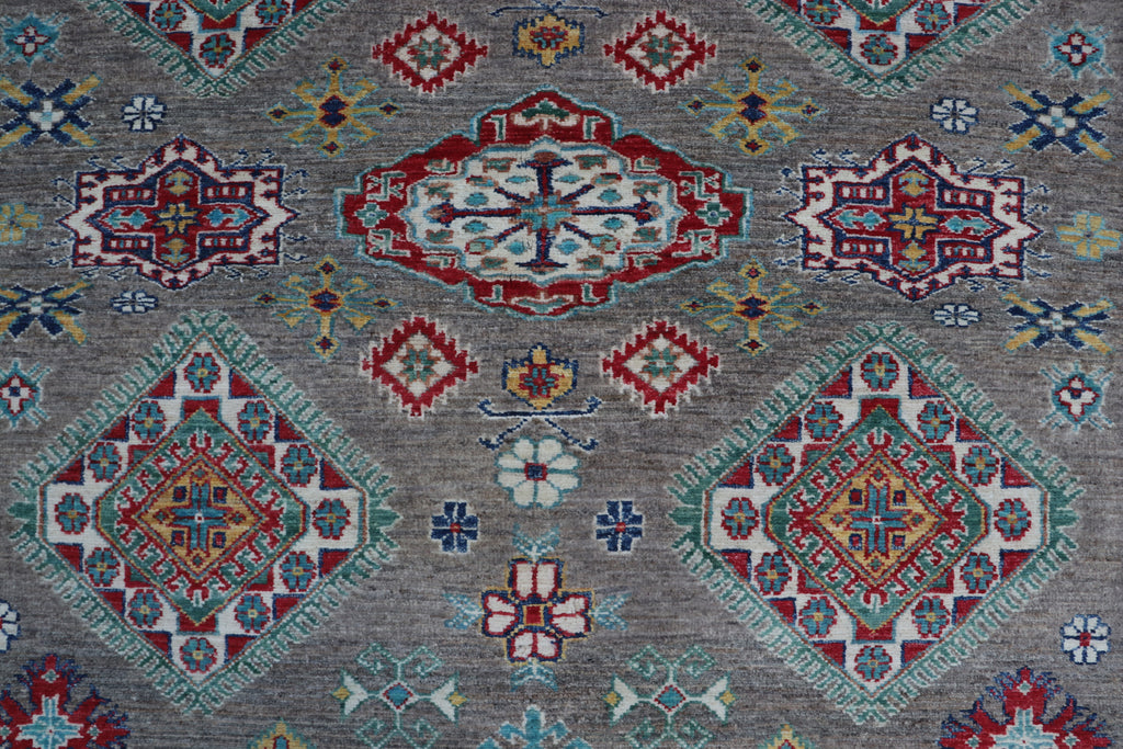 6x10 Beige & Gray Super Kazak Geometric Handmade Cotton & Wool Rug | Premium Luxury Area Rug