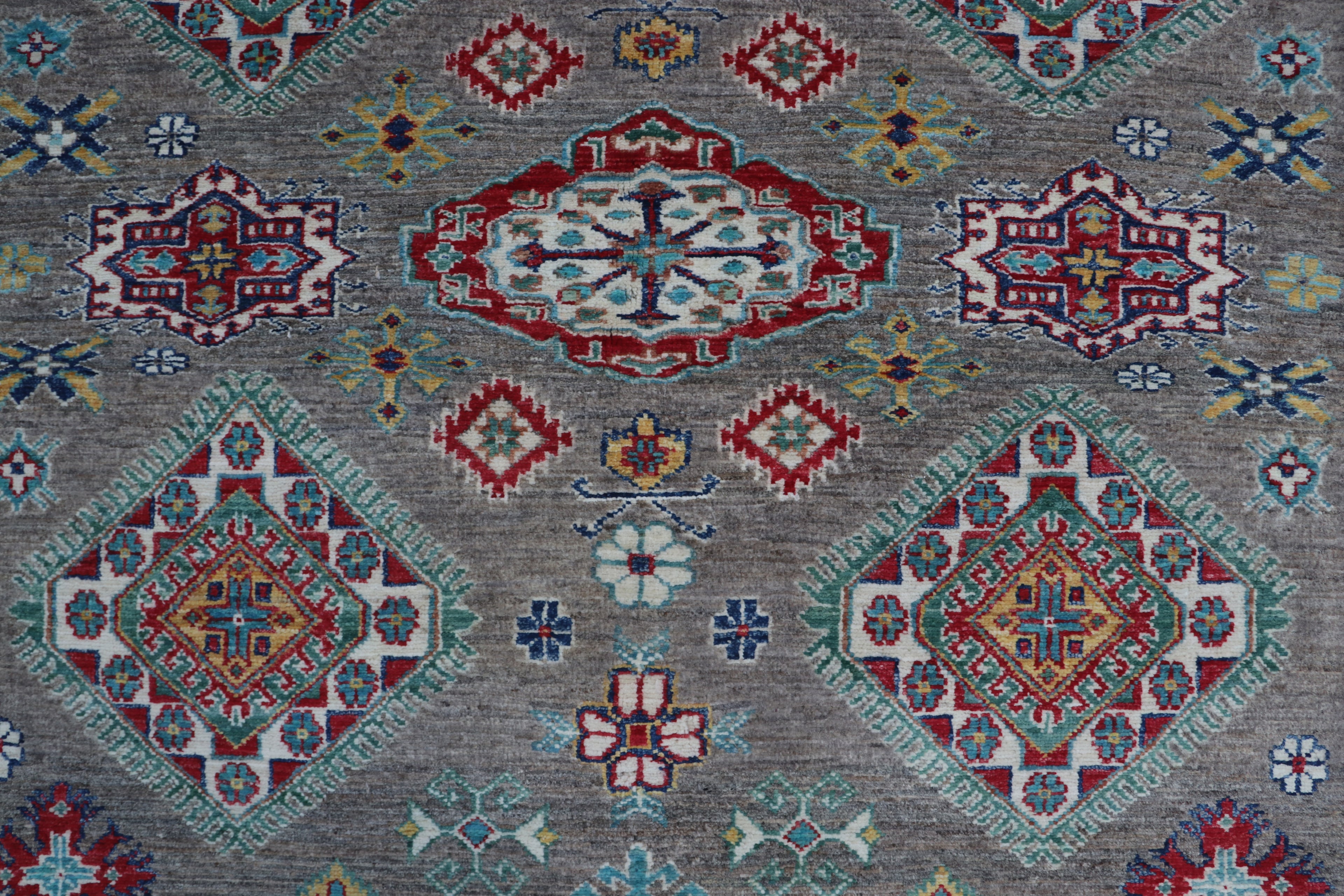 6x10 Beige & Gray Super Kazak Geometric Handmade Cotton & Wool Rug | Premium Luxury Area Rug