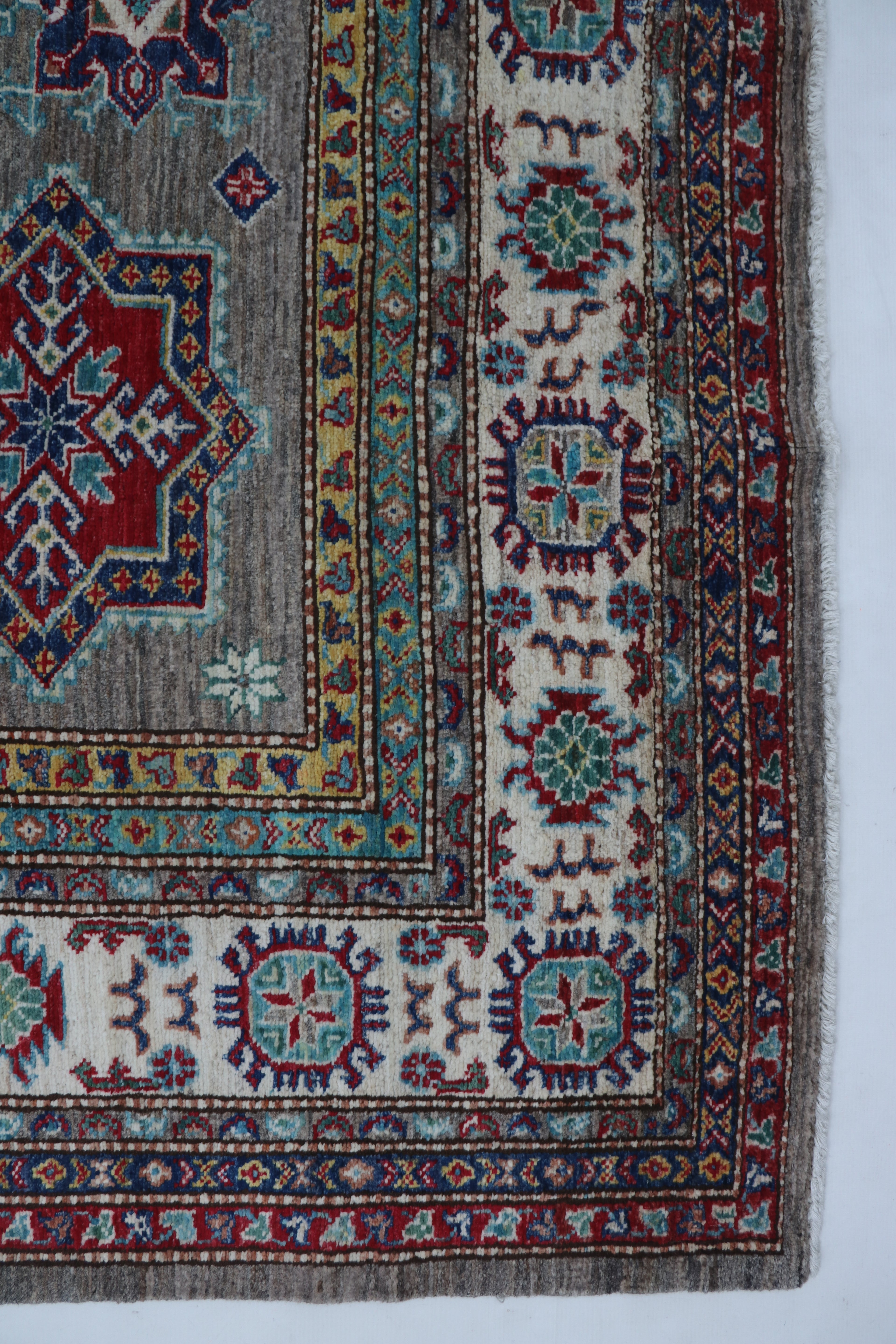 6x10 Beige & Gray Super Kazak Geometric Handmade Cotton & Wool Rug | Premium Luxury Area Rug