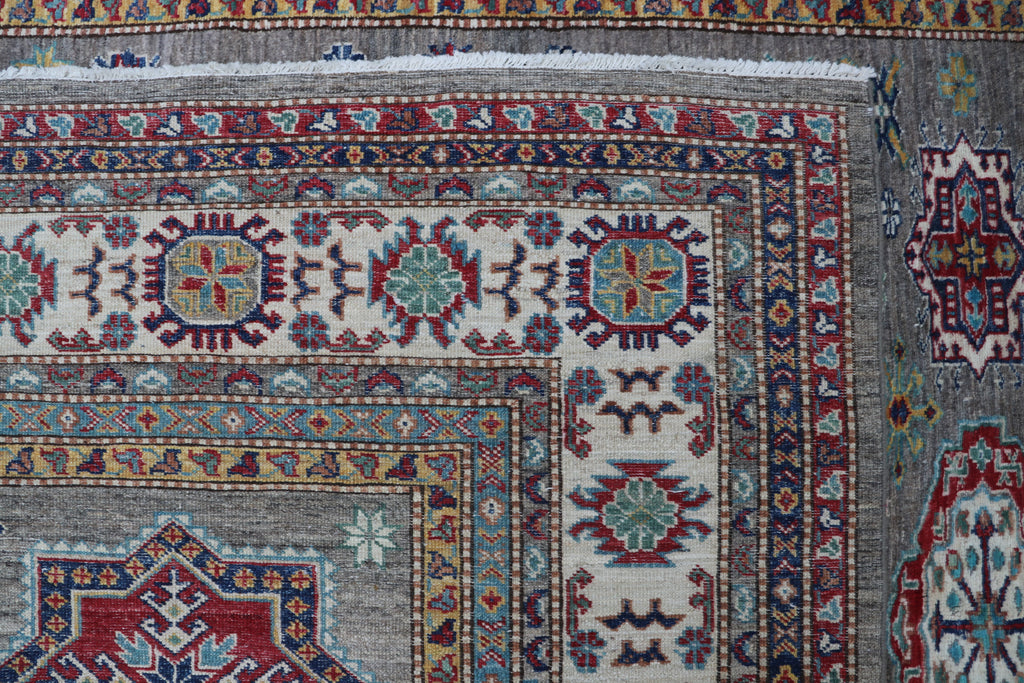 6x10 Beige & Gray Super Kazak Geometric Handmade Cotton & Wool Rug | Premium Luxury Area Rug