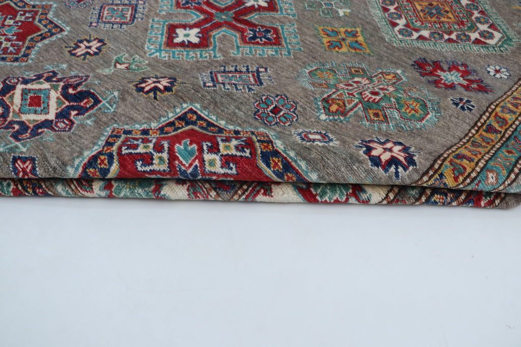 6x10 Beige & Gray Super Kazak Geometric Handmade Cotton & Wool Rug | Premium Luxury Area Rug