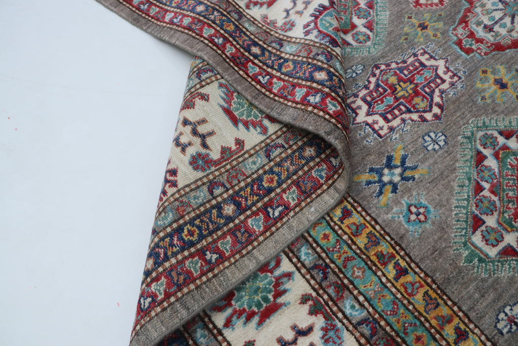 6x10 Beige & Gray Super Kazak Geometric Handmade Cotton & Wool Rug | Premium Luxury Area Rug