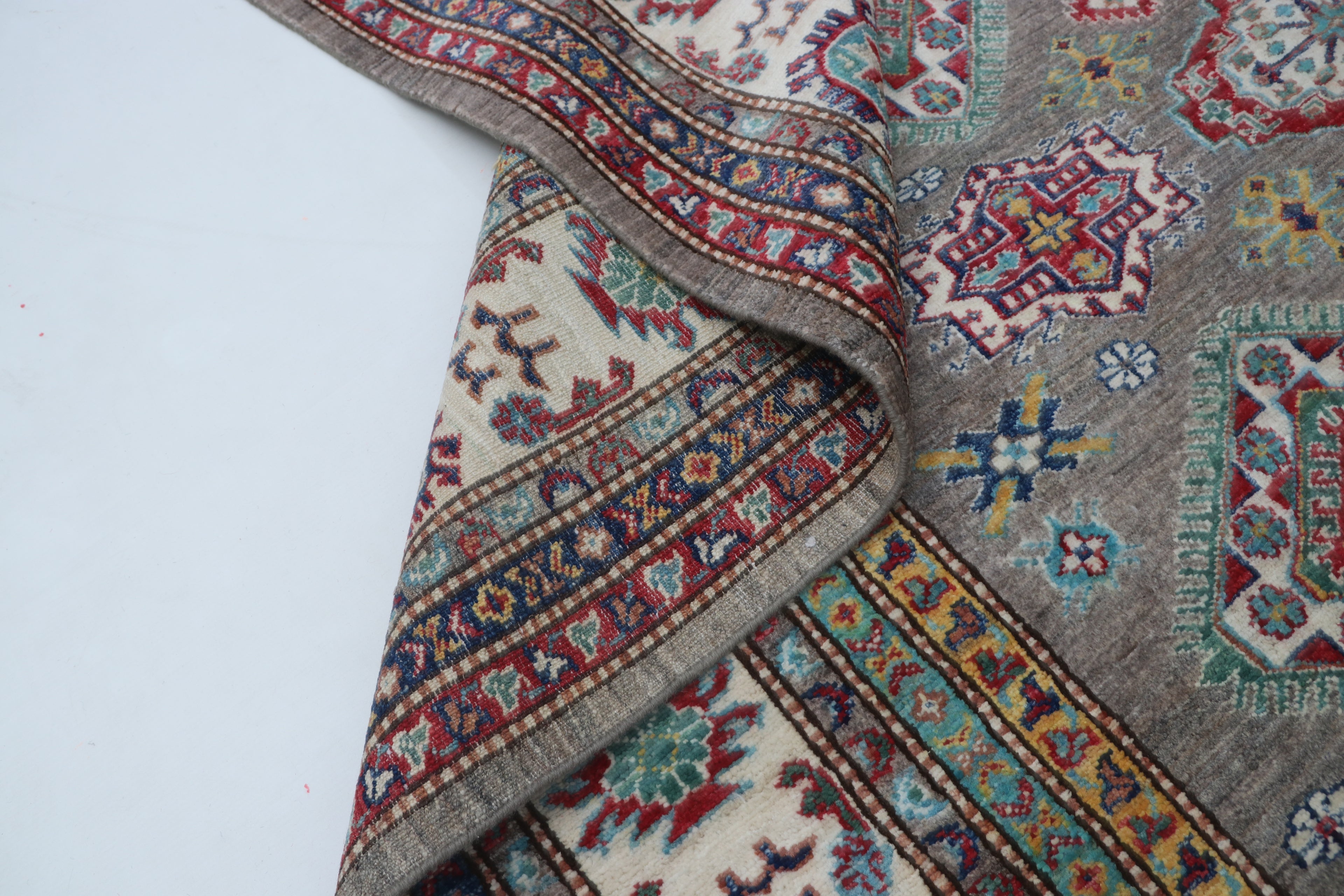 6x10 Beige & Gray Super Kazak Geometric Handmade Cotton & Wool Rug | Premium Luxury Area Rug