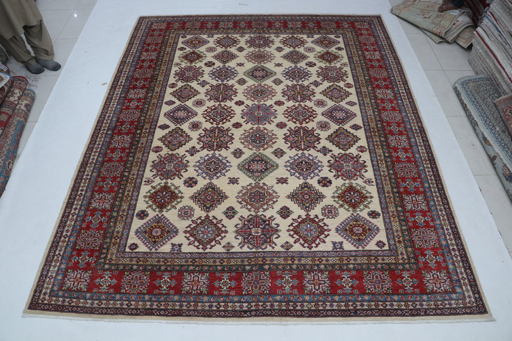 8x10Red & Beige Super Kazak Geometric Handmade Cotton & Wool Rug | Premium Luxury Area Rug