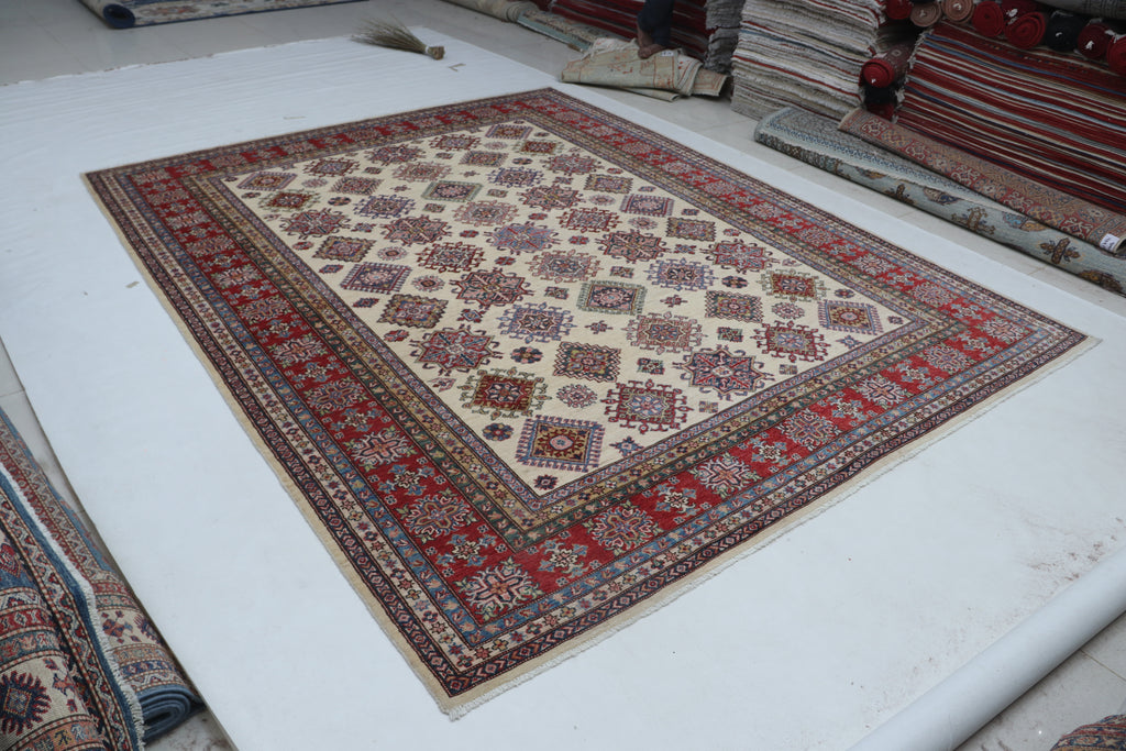8x10Red & Beige Super Kazak Geometric Handmade Cotton & Wool Rug | Premium Luxury Area Rug