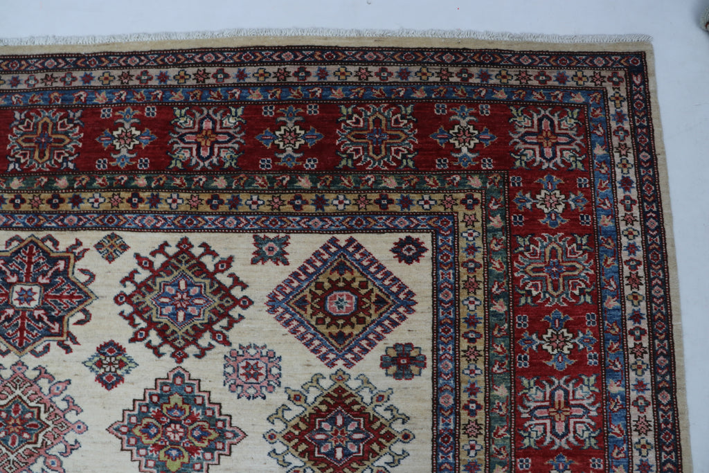 8x10Red & Beige Super Kazak Geometric Handmade Cotton & Wool Rug | Premium Luxury Area Rug