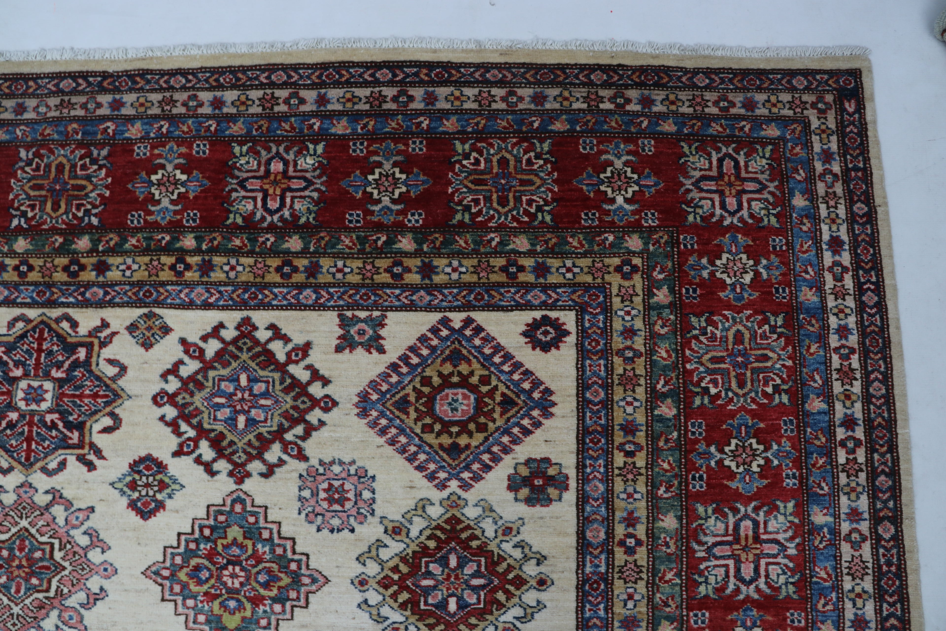 8x10Red & Beige Super Kazak Geometric Handmade Cotton & Wool Rug | Premium Luxury Area Rug