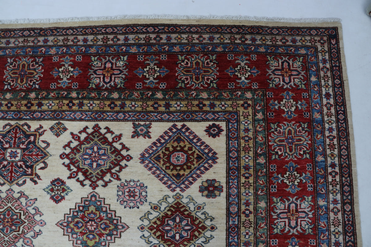 8x10Red & Beige Super Kazak Geometric Handmade Cotton & Wool Rug | Premium Luxury Area Rug
