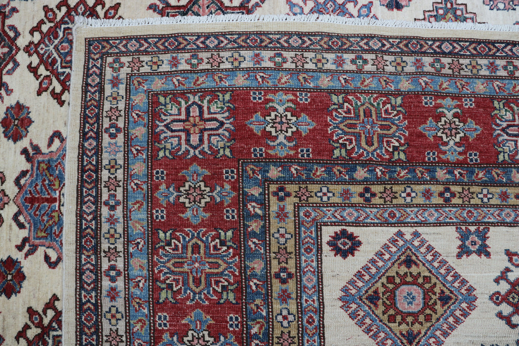 8x10Red & Beige Super Kazak Geometric Handmade Cotton & Wool Rug | Premium Luxury Area Rug