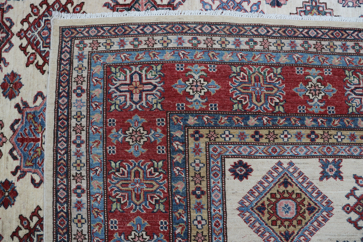 8x10Red & Beige Super Kazak Geometric Handmade Cotton & Wool Rug | Premium Luxury Area Rug