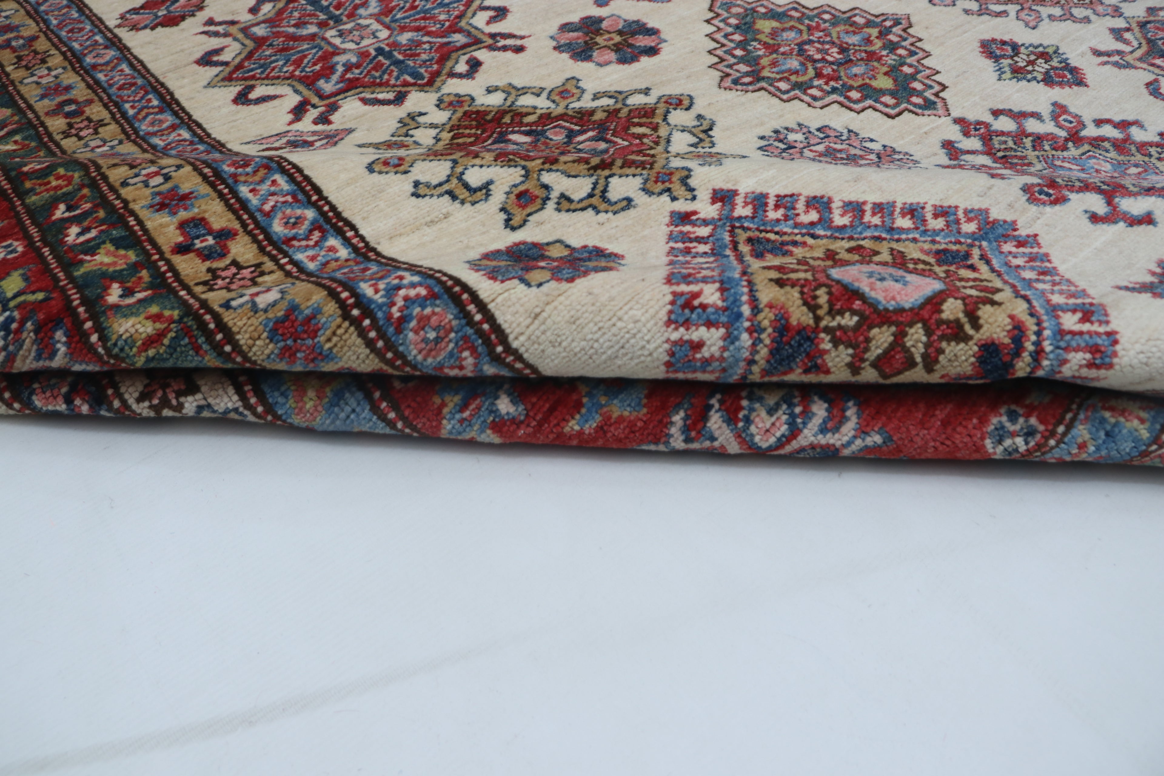 8x10Red & Beige Super Kazak Geometric Handmade Cotton & Wool Rug | Premium Luxury Area Rug