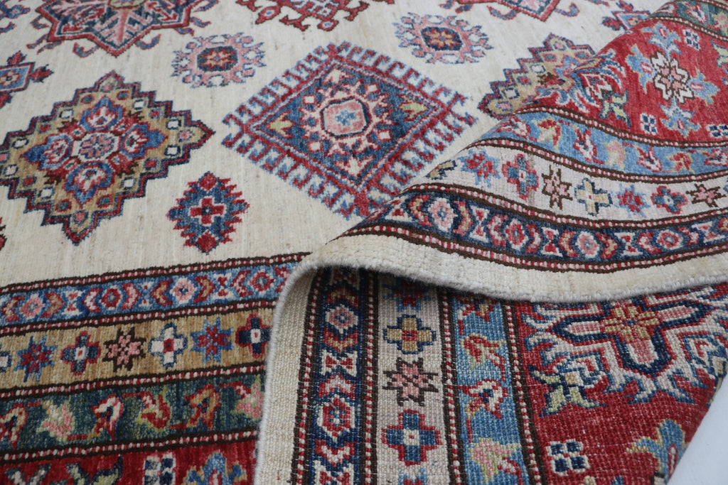 8x10Red & Beige Super Kazak Geometric Handmade Cotton & Wool Rug | Premium Luxury Area Rug