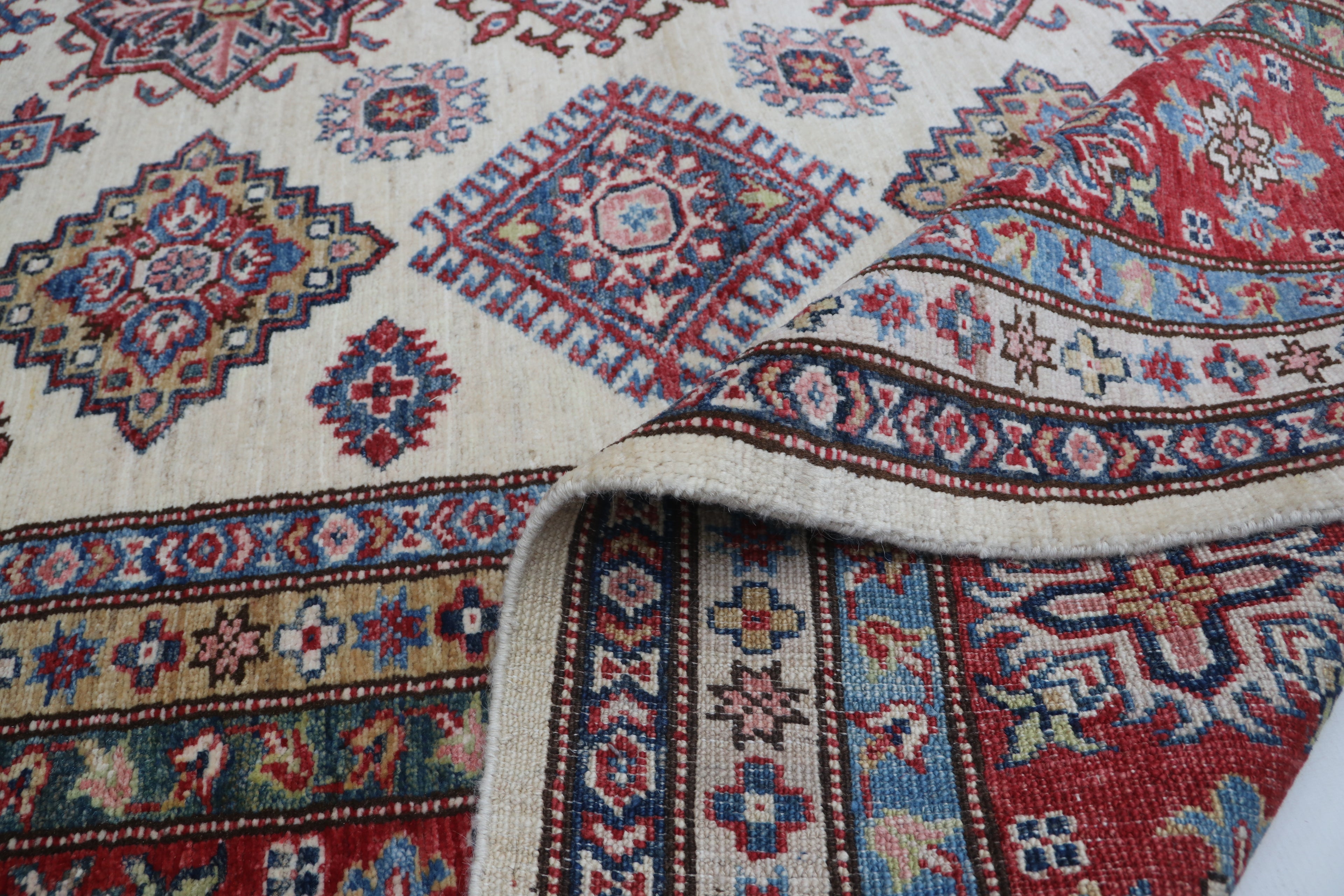 8x10Red & Beige Super Kazak Geometric Handmade Cotton & Wool Rug | Premium Luxury Area Rug