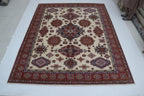 8x10Beige & Red Super Kazak Geometric Handmade Cotton & Wool Rug | Premium Luxury Area Rug