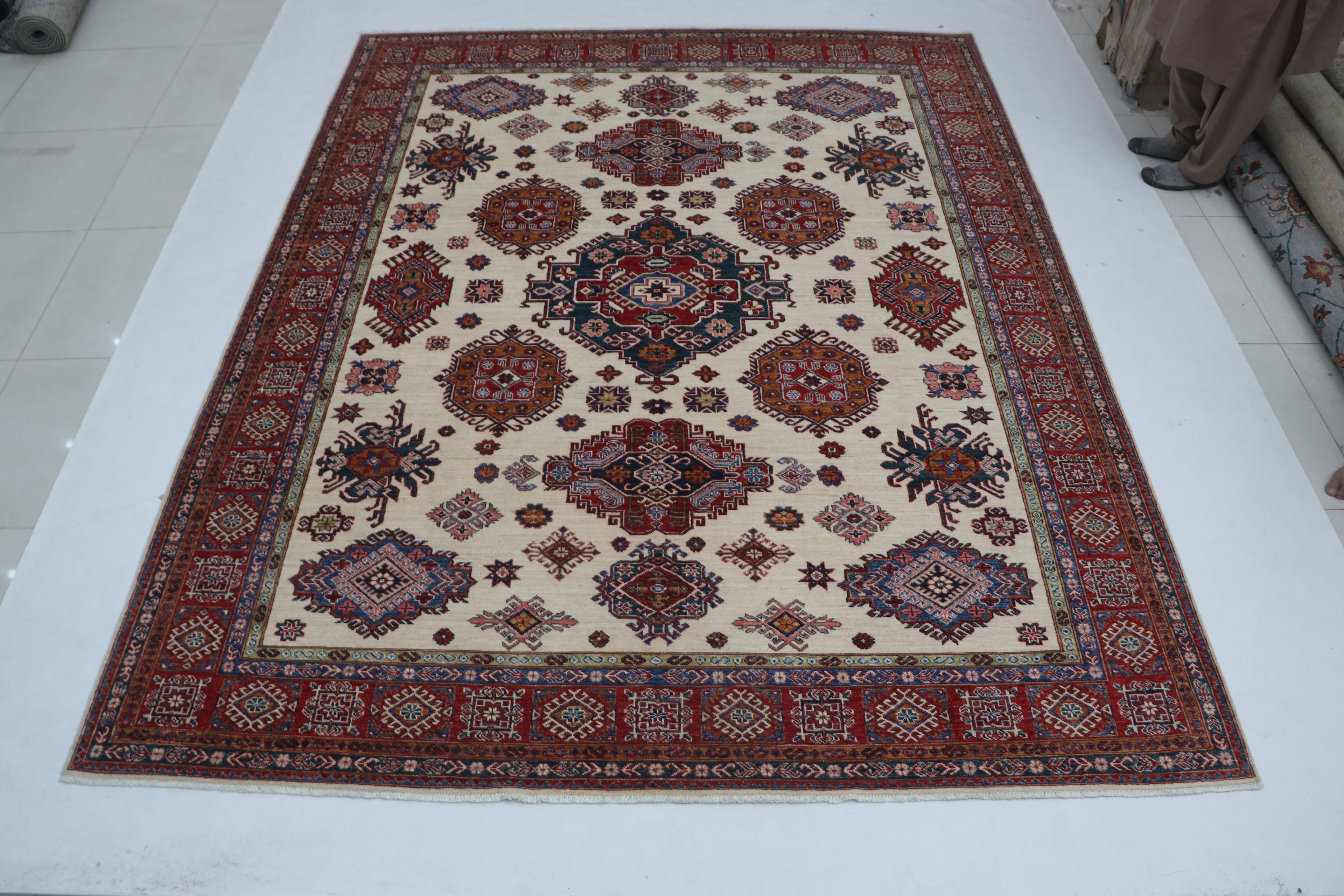 8x10Beige & Red Super Kazak Geometric Handmade Cotton & Wool Rug | Premium Luxury Area Rug